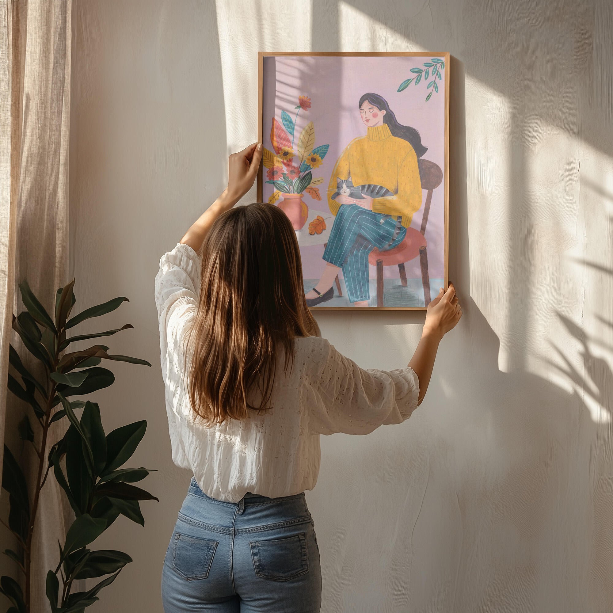 Woman with Cat and Autumn Bouquet