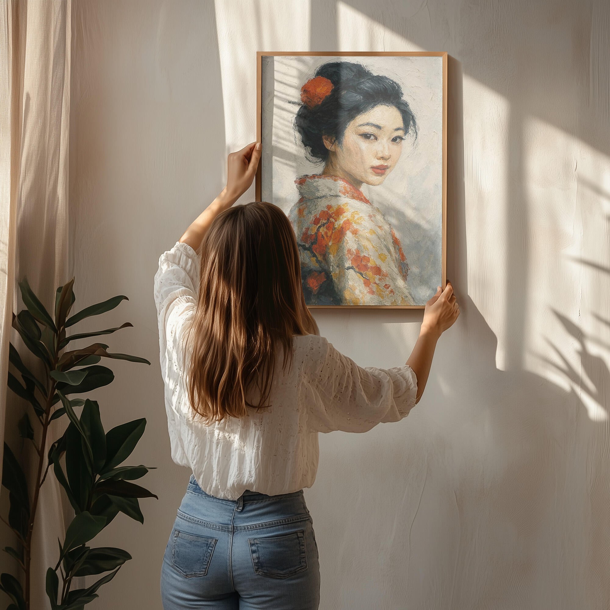 Portrait of a Japanese Geisha In a Floral Kimono