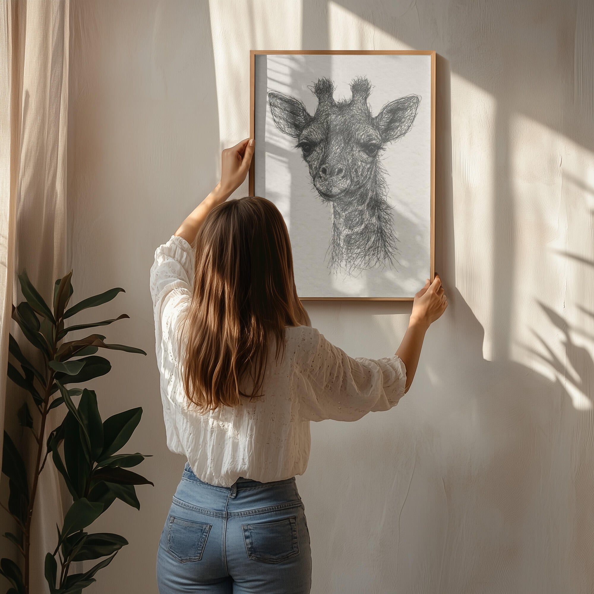 Thread portrait baby giraffe on handmade paper